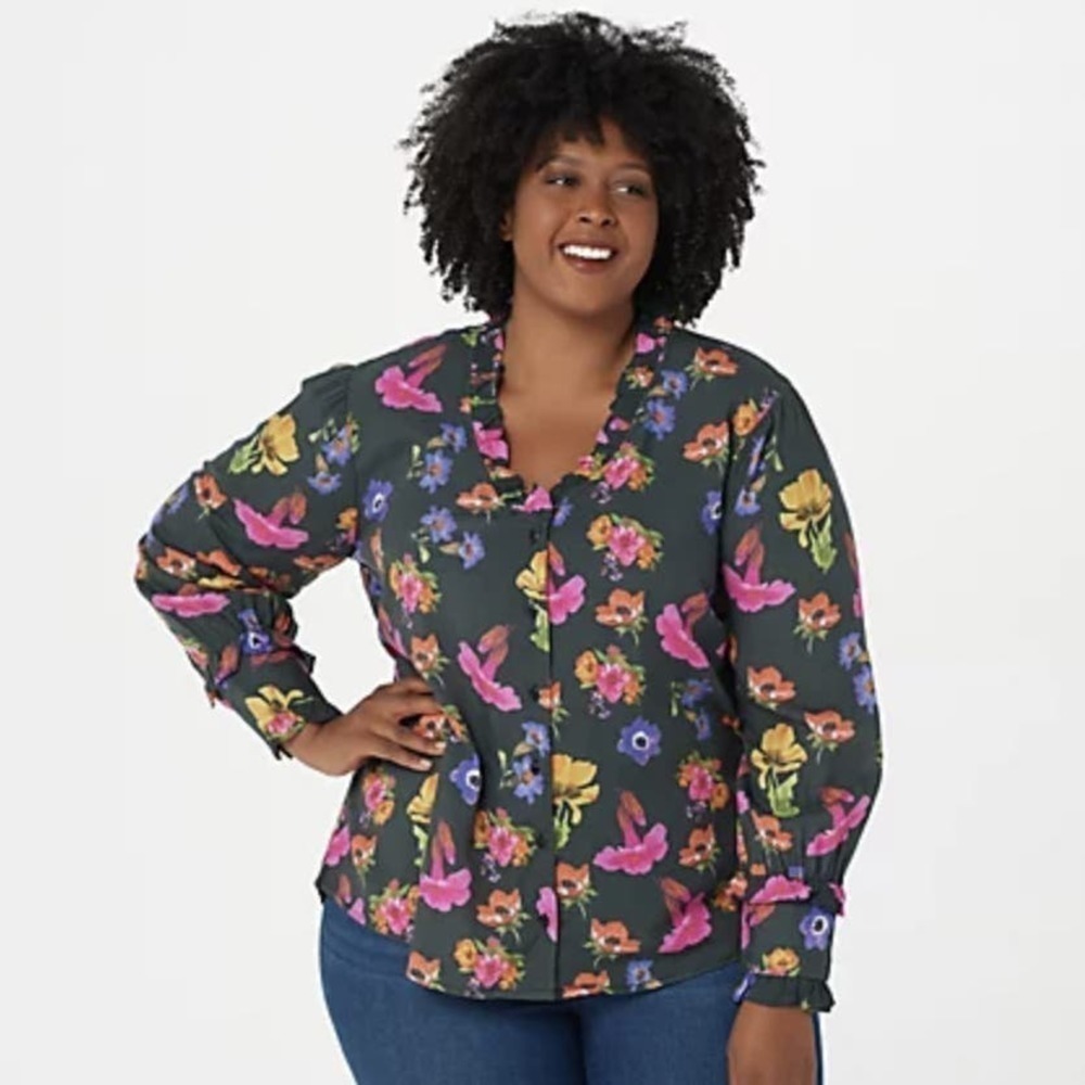 Tolani Collection Women's Cleo Button Front Floral Ruffle Top Size 2 Black NWT